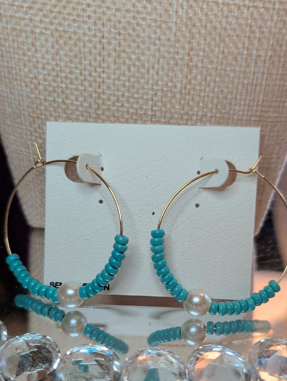 Gold Hoop Earrings with Turquoise Beads and Pearl Accent NWT - Picture 2 of 4